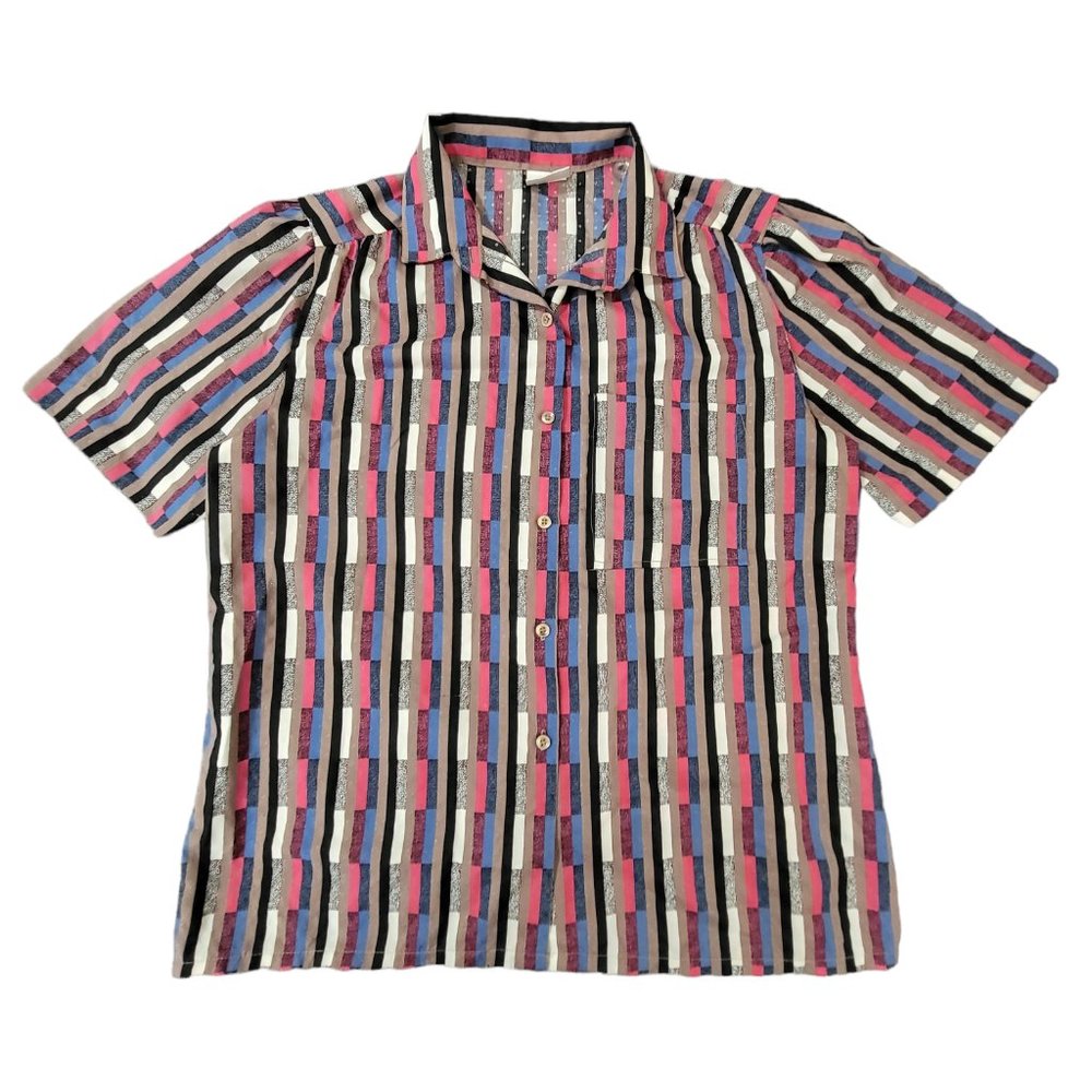 Vintage Koret Vertical Stripes Button‎ Front Short Sleeves Blouse Made in USA